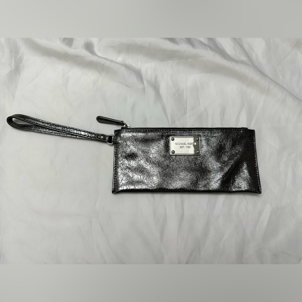 Michael Kors Metallic Silver Leather Wristlet